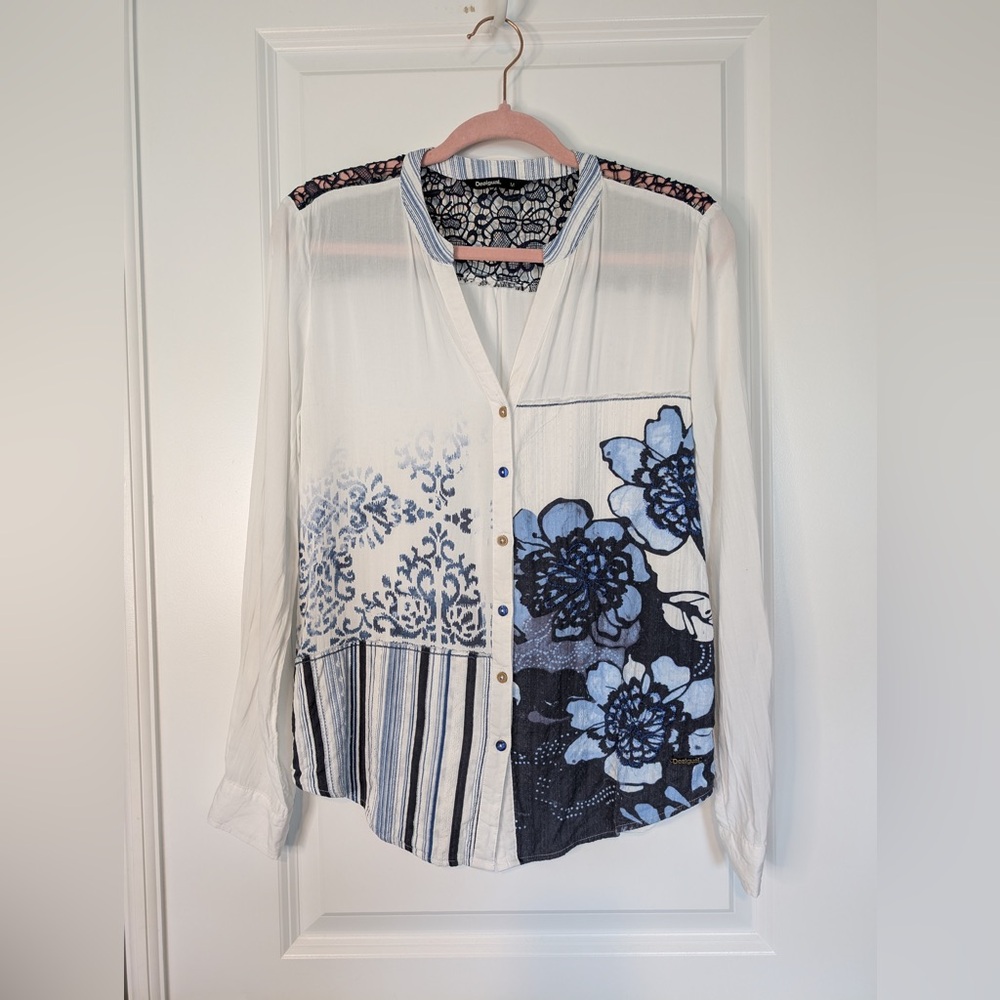 Desigual Embroidered Floral Button Down Collarless Blouse White Blue Size M
